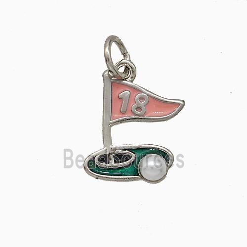 Golf Course Charms Copper Pendant Pave Pearlized Resin Pink Enamel Flag Sports Platinum Plated