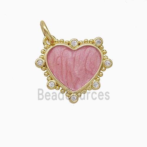 Copper Heart Pendant Pave Zirconia Pink Painted Gold Plated