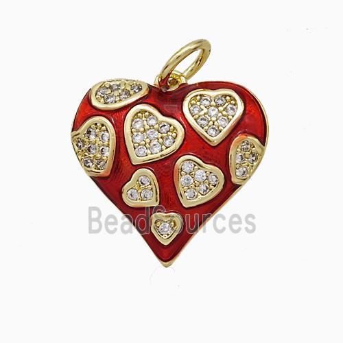 Copper Heart Pendant Pave Zirconia Red Painted Gold Plated