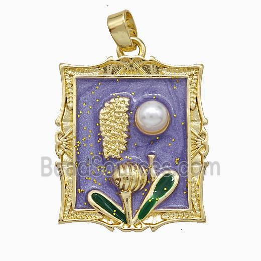 Copper Flower Pendant Pave Pearlized Resin Purple Painted Gold Plated