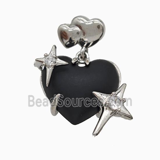 Black Resin Heart Pendant Copper Star Pave Zirconia Platinum Plated