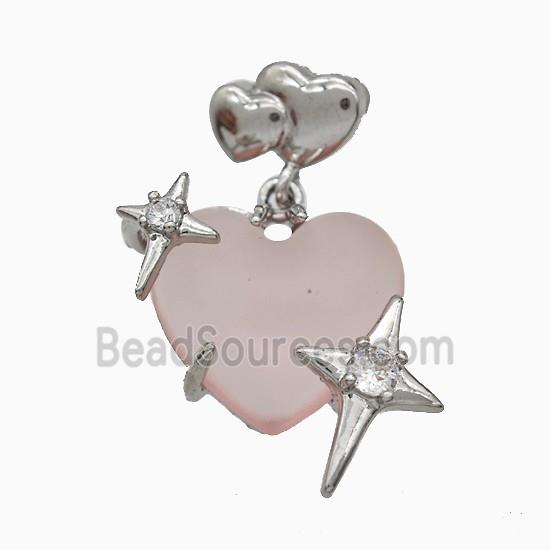 Lt.pink Resin Heart Pendant Copper Star Pave Zirconia Platinum Plated