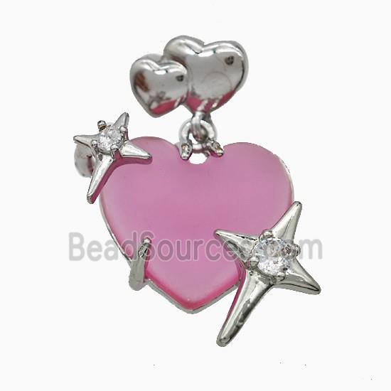 Hotpink Resin Heart Pendant Copper Star Pave Zirconia Platinum Plated