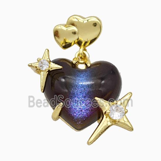 Black Resin Heart Pendant Copper Star Pave Zirconia Gold Plated
