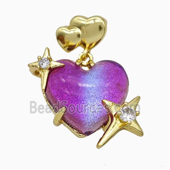 Hotpink Resin Heart Pendant Copper Star Pave Zirconia Gold Plated
