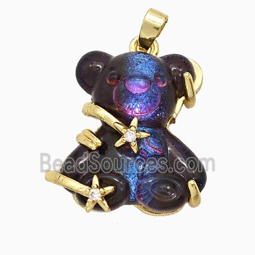 Black Resin Bear Pendant Copper Star Pave Zirconia Gold Plated