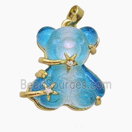 Aqua Resin Bear Pendant Copper Star Pave Zirconia Gold Plated
