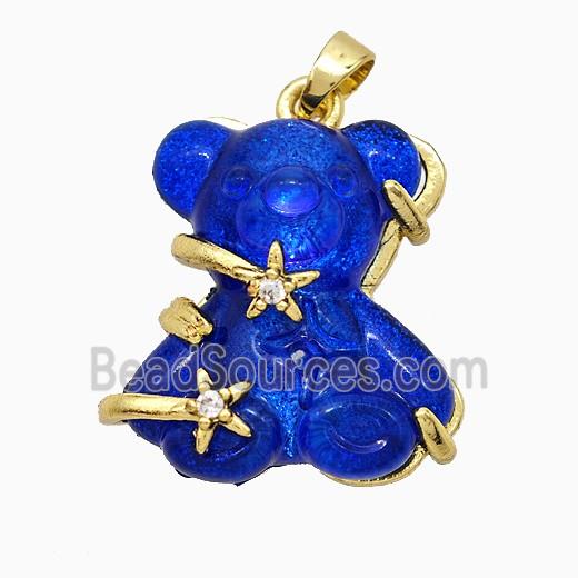 Blue Resin Bear Pendant Copper Star Pave Zirconia Gold Plated