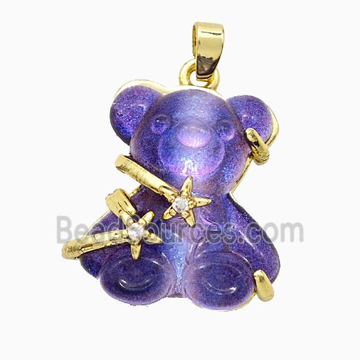 Purple Resin Bear Pendant Copper Star Pave Zirconia Gold Plated