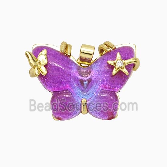 Hotpink Resin Butterfly Pendant Copper Star Pave Zirconia Gold Plated