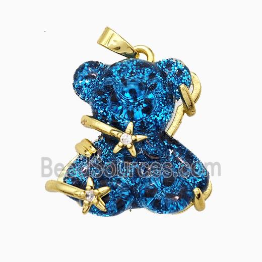 Blue Resin Bear Pendant Copper Star Pave Zirconia Gold Plated