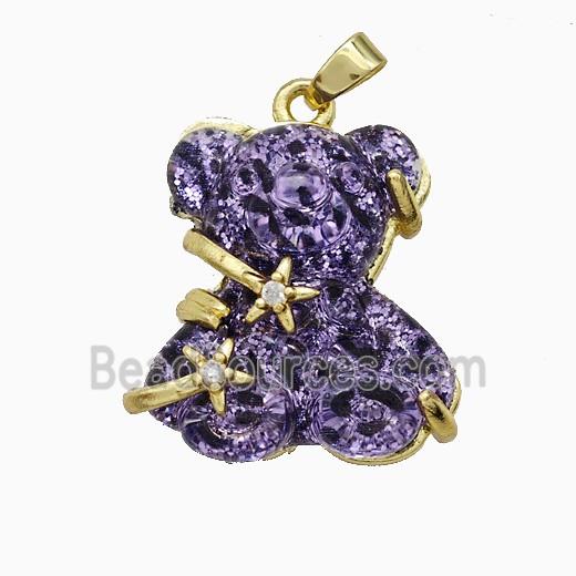 Purple Resin Bear Pendant Copper Star Pave Zirconia Gold Plated