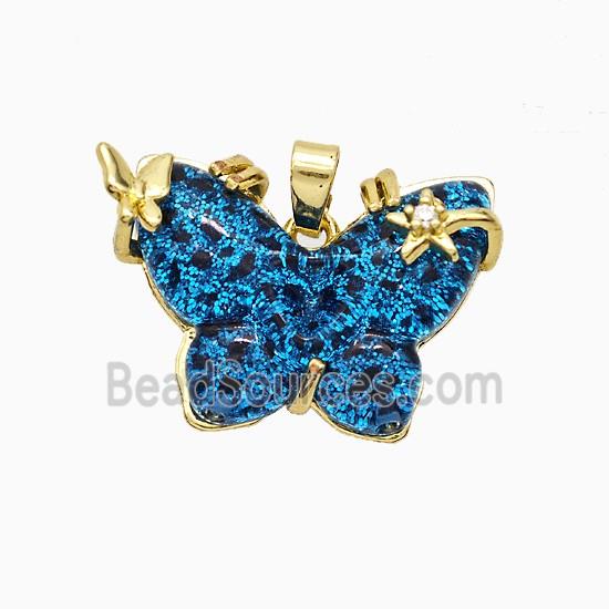 Blue Resin Butterfly Pendant Copper Star Pave Zirconia Gold Plated