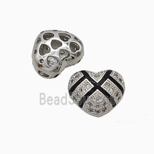 Copper Heart Beads Pave Zirconia Black Enamel Platinum Plated