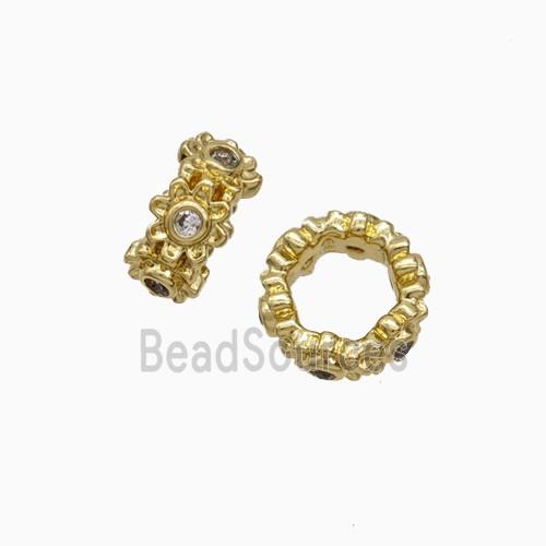 Copper Rondelle Beads Pave Zirconia Large Hole Gold Plated