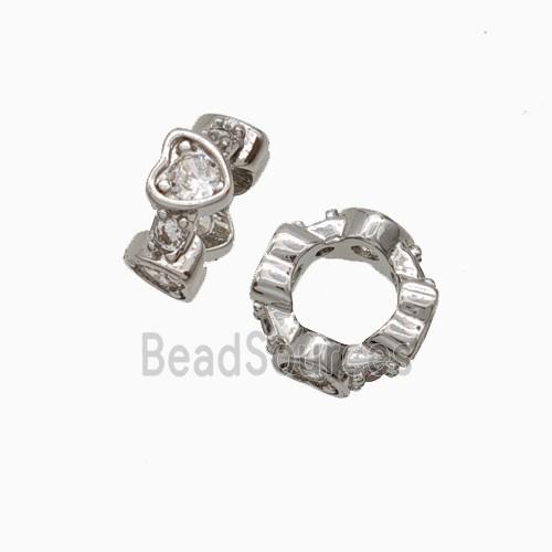 Copper Rondelle Beads Pave Zirconia Large Hole Heart Platinum Plated