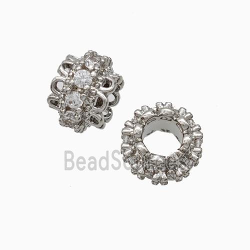 Copper Rondelle Beads Pave Zirconia Large Hole Platinum Plated