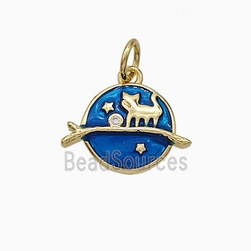 Halloween Cat And Broom Charms Copper Pendant Blue Enamel Gold Plated