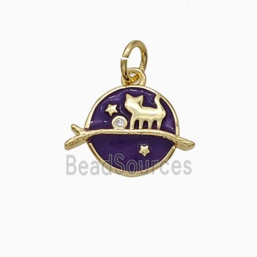 Halloween Cat And Broom Charms Copper Pendant Purple Enamel Gold Plated