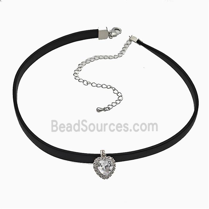 Black PU Leather Necklace With Copper Heart Pave Zirconia