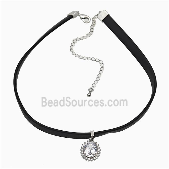 Black PU Leather Necklace With Copper Circle Pave Zirconia