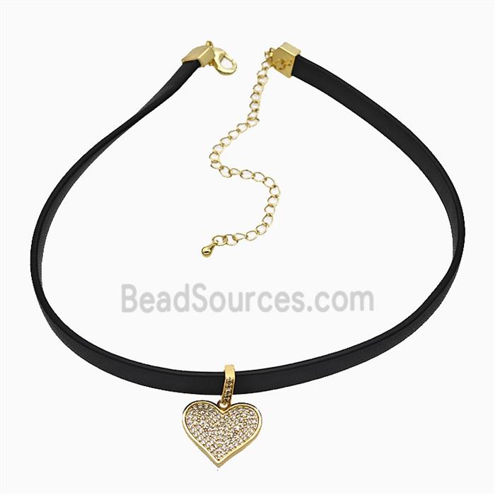 Black PU Leather Necklace With Copper Heart Pave Zirconia
