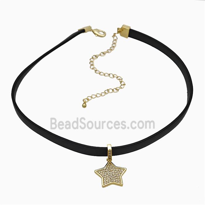 Black PU Leather Necklace With Copper Star Pave Zirconia