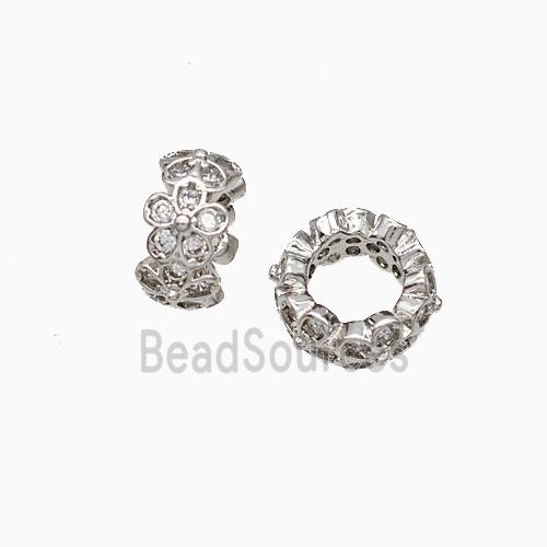 Copper Rondelle Beads Pave Zirconia Flower Platinum Plated