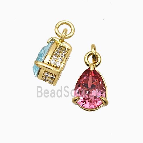 Copper Teardrop Pendant Pave Zirconia Pink Crystal Glass Gold Plated