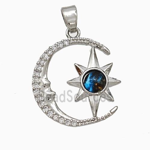 Copper Moon Star Pendant Pave Zirconia Resin Platinum Plated