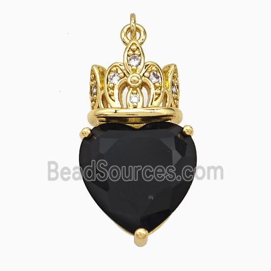 Copper Crown Heart Pendant Pave Black Crystal Glass Gold Plated