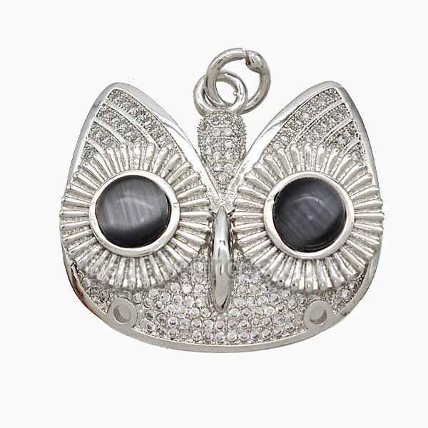 Copper Owl Charms Pendant Pave Zirconia Cateye Platinum Plated