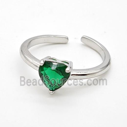 Copper Rings Pave Green Crystal Glass Heart Platinum Plated