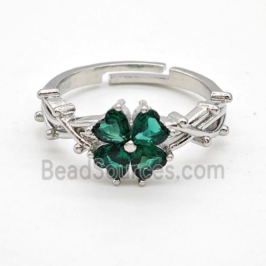 Copper Rings Pave Green Crystal Glass Clover Adjustable Platinum Plated