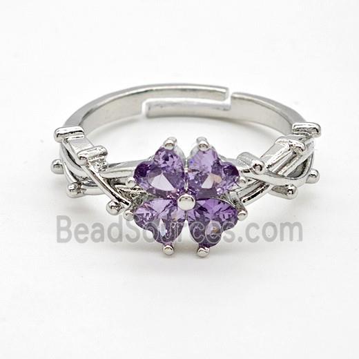 Copper Rings Pave Purple Crystal Glass Clover Adjustable Platinum Plated
