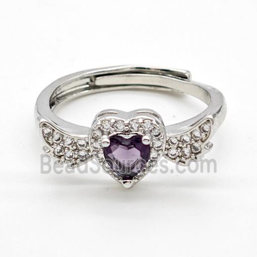 Copper Rings Pave Purple Crystal Glass Heart Angel Wings Adjustable Platinum Plated