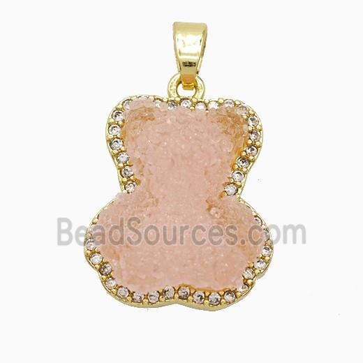 Pink Resin Bear Copper Pendant Pave Zirconia Gold Plated