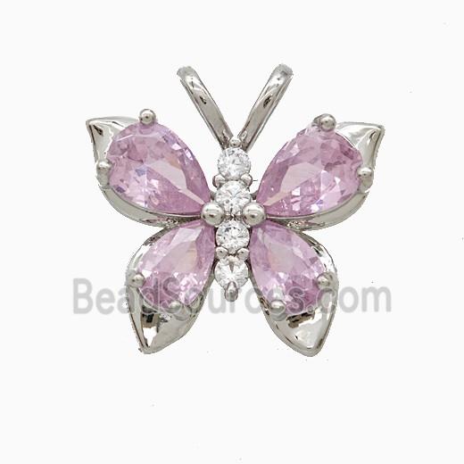 Copper Butterfly Pendant Pave Pink Crystal Glass Platinum Plated