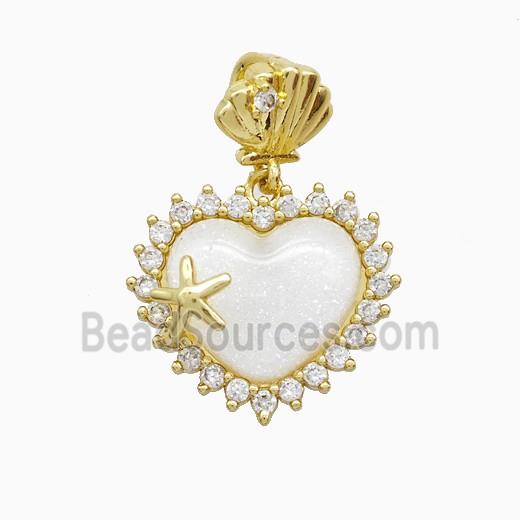 Copper Heart Pendant Pave Zirconia White Resin Gold Plated