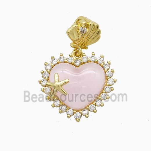 Copper Heart Pendant Pave Zirconia Pink Resin Gold Plated