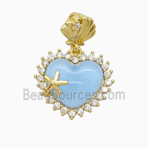 Copper Heart Pendant Pave Zirconia Blue Resin Gold Plated