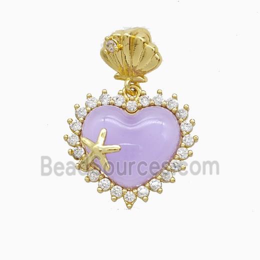Copper Heart Pendant Pave Zirconia Lavender Resin Gold Plated