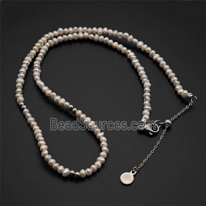 White Pearl Necklace Copper Platinum Plated