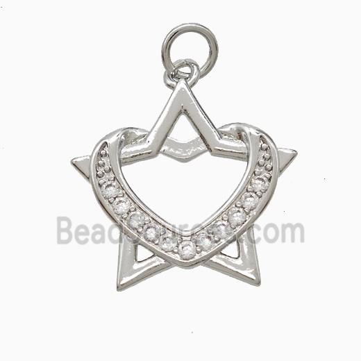Copper Star Heart Pendant Pave Zirconia Platinum Plated