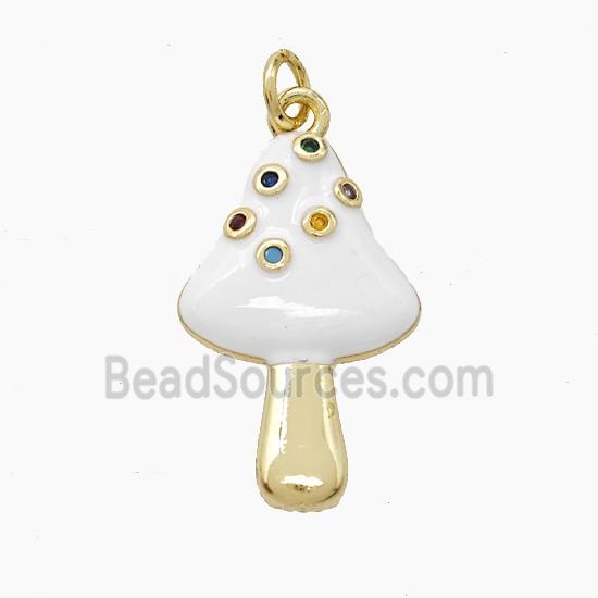 Copper Mushroom Pendant Pave Zirconia White Enamel Gold Plated