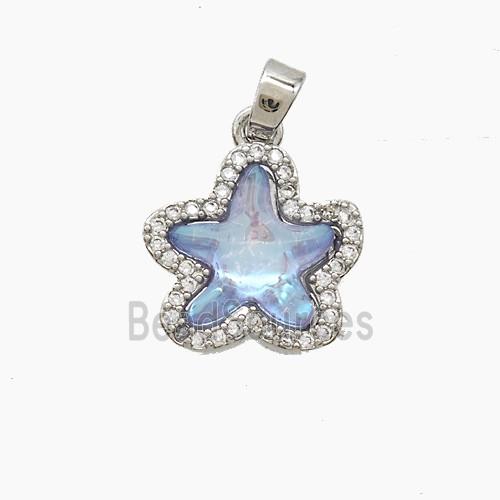 Copper Starfish Pendant Pave Zirconia Blue Acrylic Platinum Plated