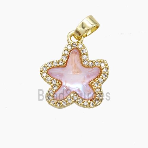 Copper Starfish Pendant Pave Zirconia Pink Acrylic Gold Plated