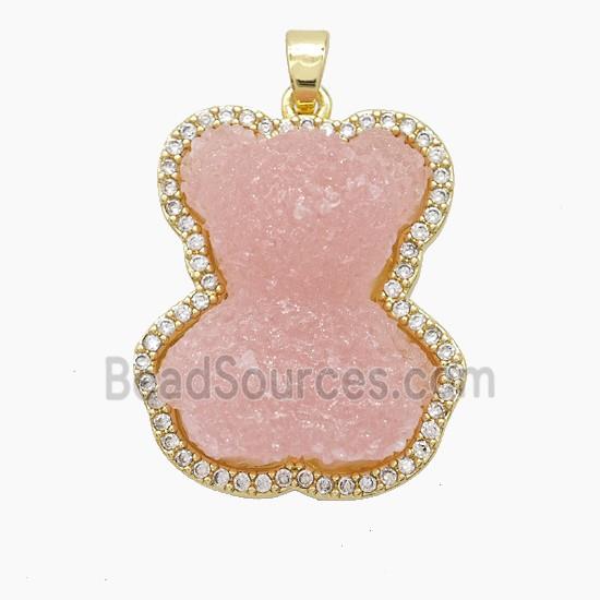 Pink Resin Bear Copper Pendant Pave Zirconia Gold Plated