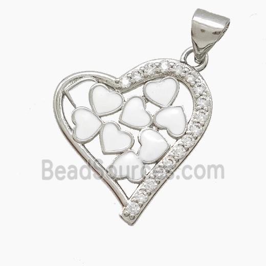 Copper Heart Pendant Pave Zirconia White Enamel Platinum Plated