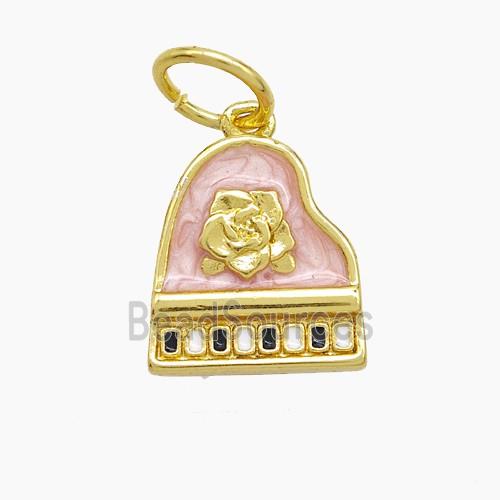 Piano Charms Copper Pendant Pink Painted Flower Musical Gold Plated